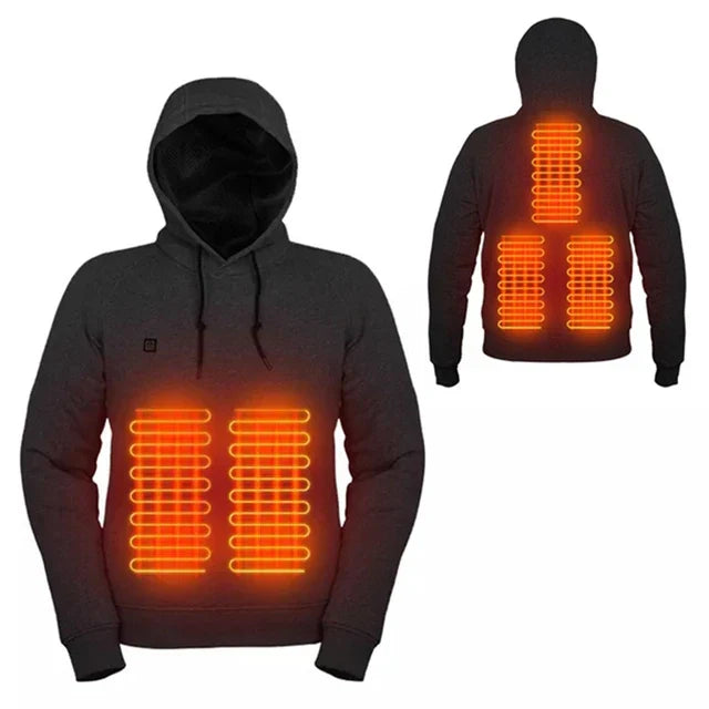 Schwarzer USB-beheizter Hoodie für Herren und Damen, Vorder- und Rückansicht, Heizspiralen sichtbar.