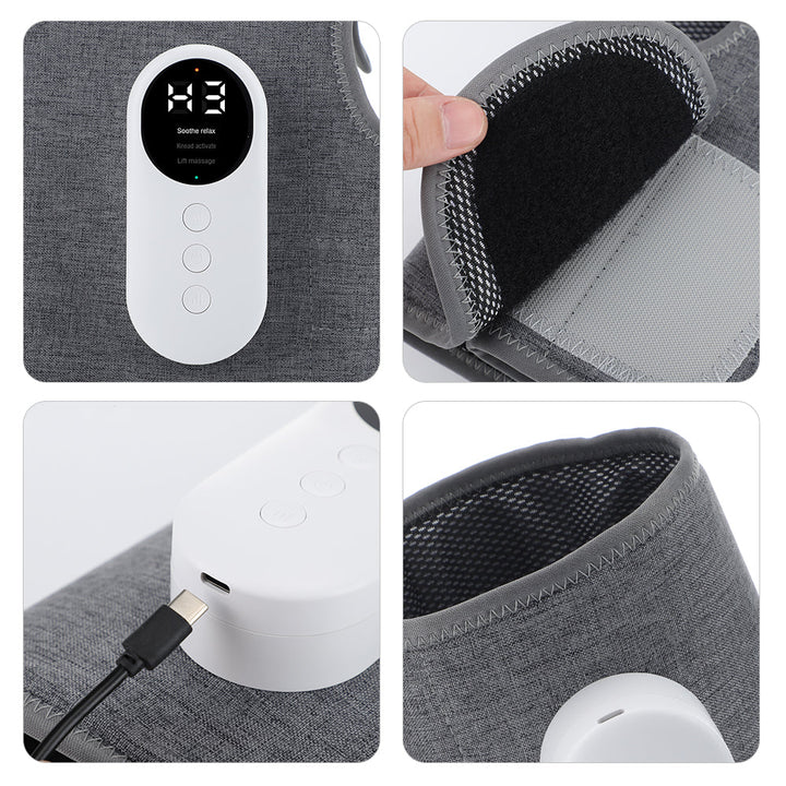 Graues Heizkissen mit digitalem Display, USB-Anschluss und Klettverschluss.