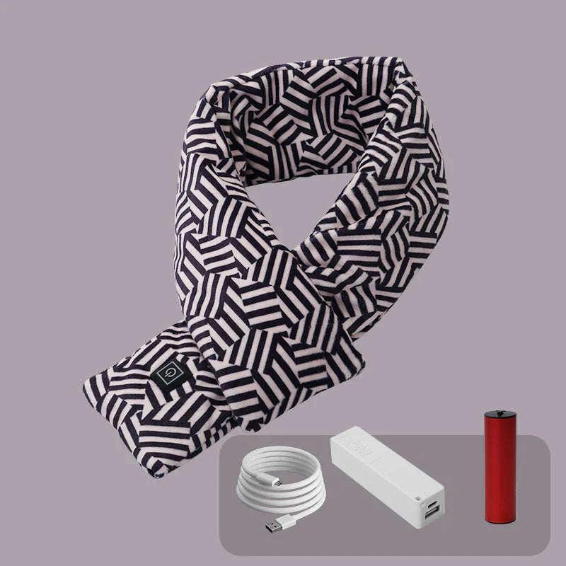 Schwarz-weißer Heizschal mit geometrischem Muster, USB-Kabel und Powerbank-Set.