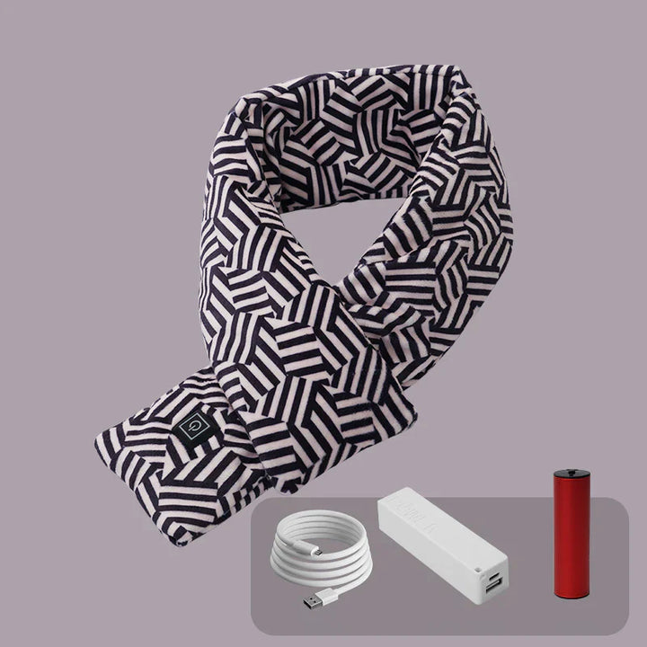 Schwarz-weißer Heizschal mit geometrischem Muster, USB-Kabel und Powerbank-Set.