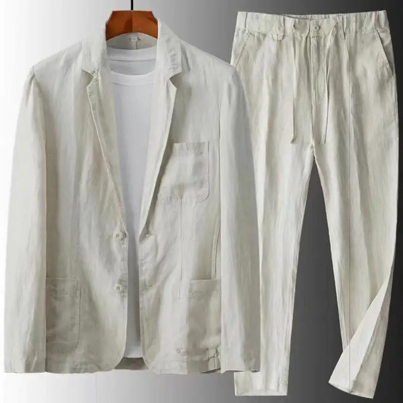Beiger Leinenanzug für Herren, zweiteilig, mit Jacke und Hose, ideal für Sommermode.