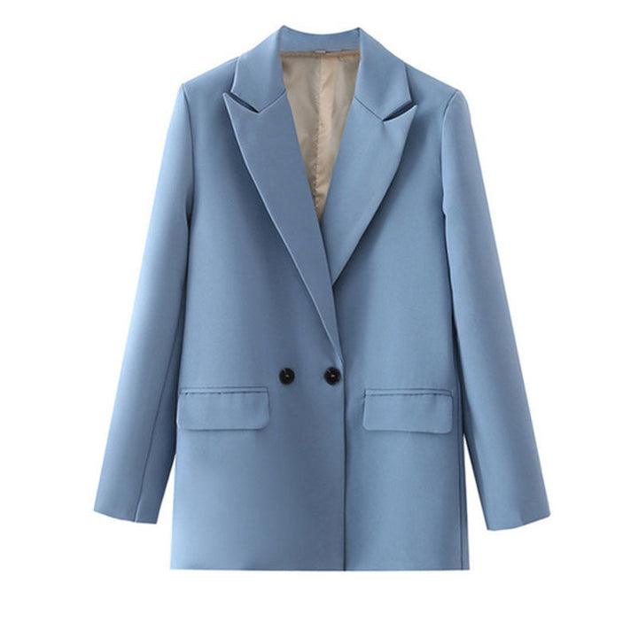 Hellblauer Damenblazer, zweireihig, elegantes Design, ideal für Business- und Freizeitkleidung.
