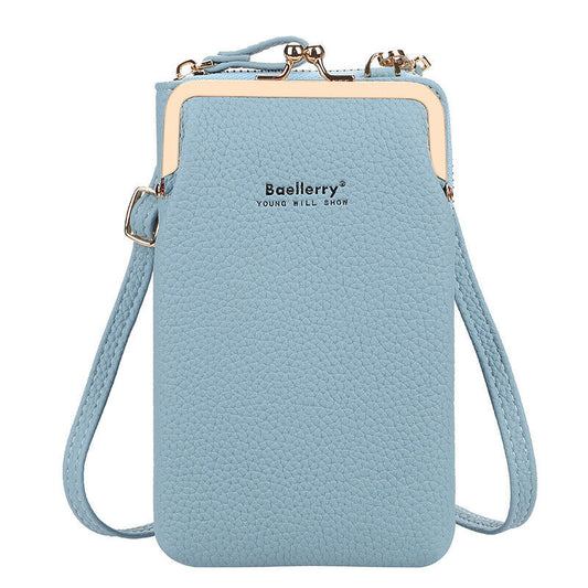 Hellblaue Baellerry Handytasche aus Leder mit Schulterriemen, modisch und praktisch.