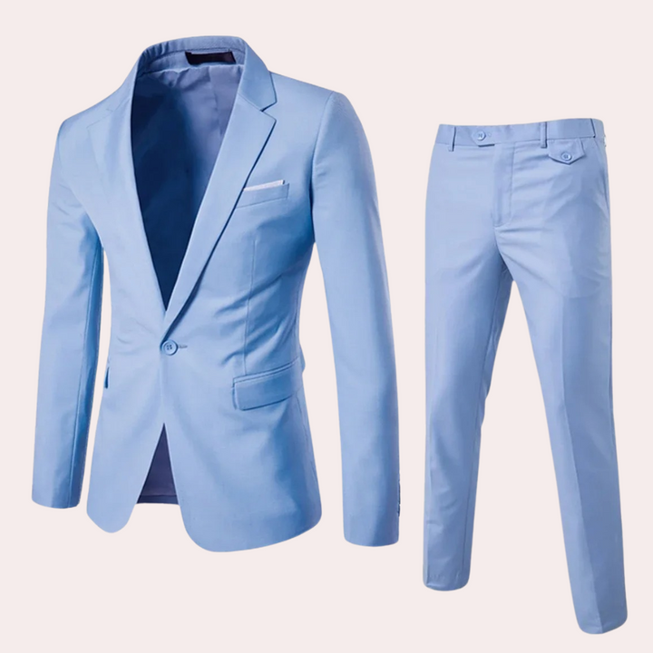 Hellblauer Herrenanzug, einreihig, aus Baumwolle, ideal für formelle Anlässe.