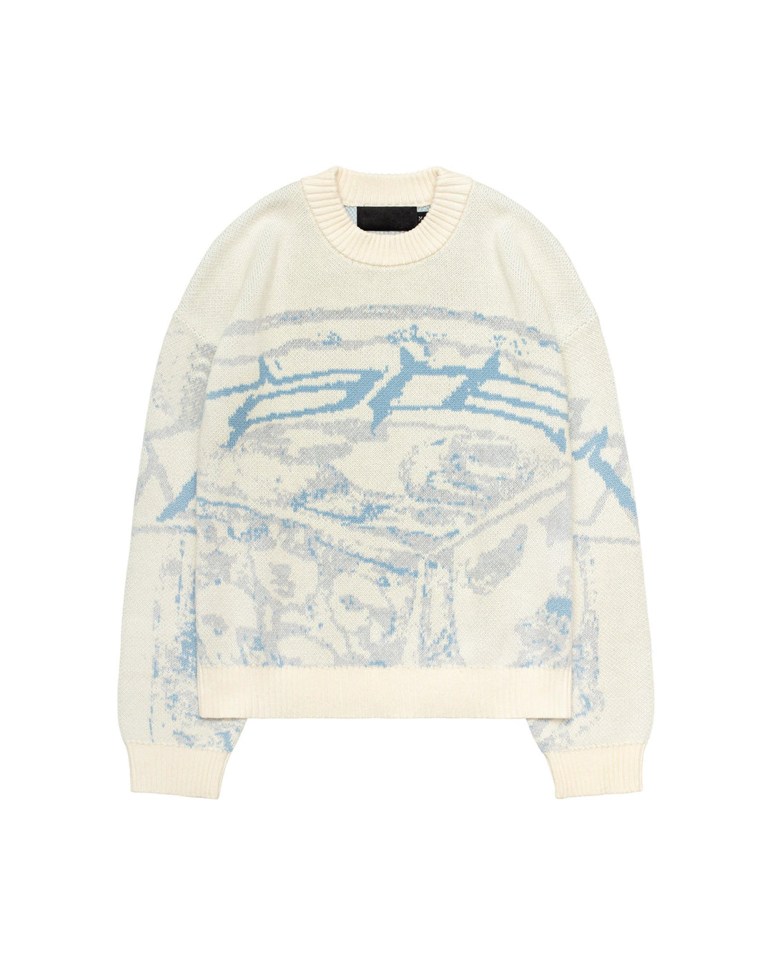 Cremefarbener Strickpullover mit blauem Muster, Rundhalsausschnitt, Baumwolle, Unisex-Mode.