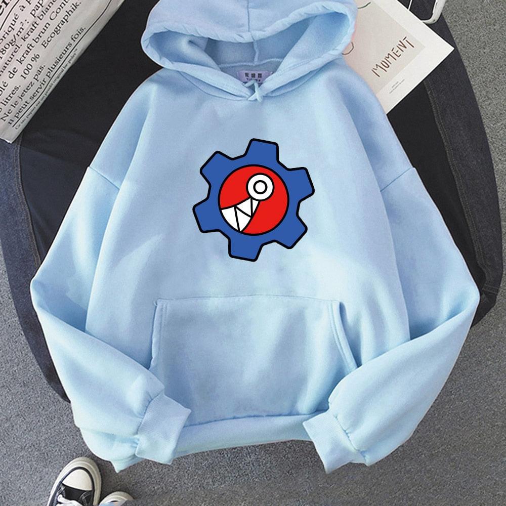 Hellblauer Kapuzenpullover mit rotem und blauem Zahnrad-Design, Baumwolle, Unisex, modisch.