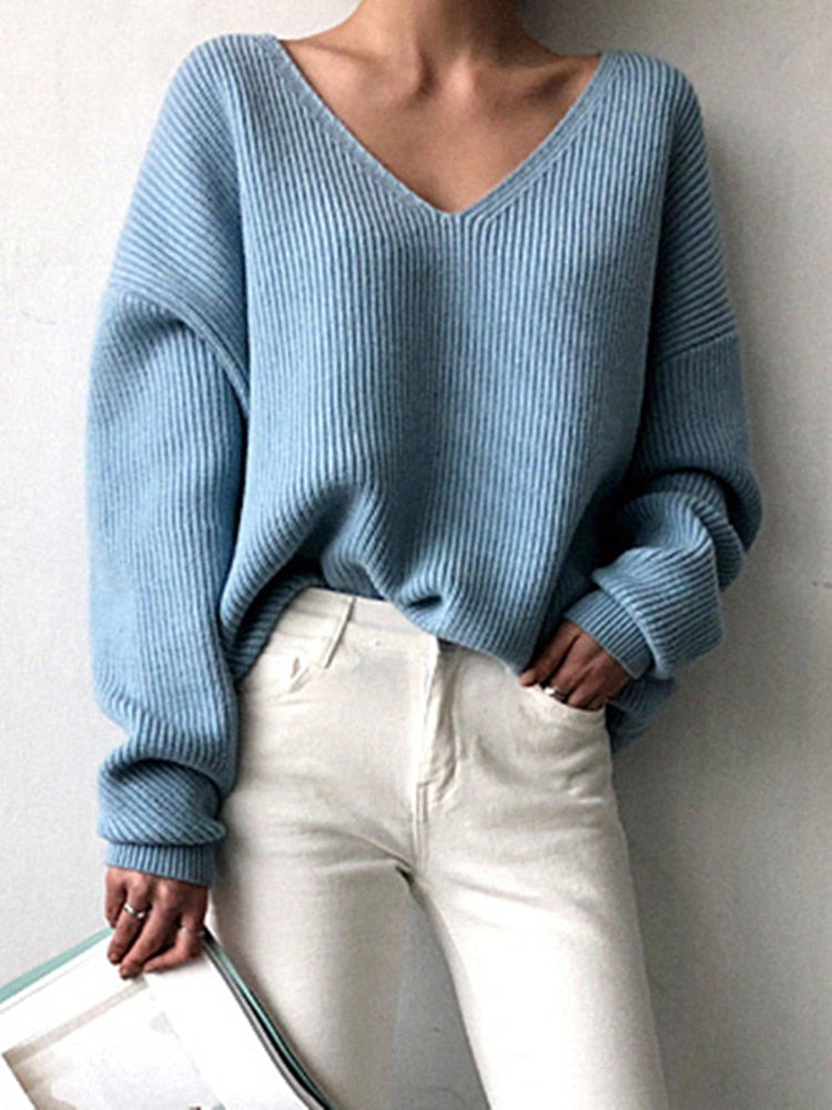Damen Pullover Blau V-Ausschnitt Strickmode, lässig, bequem, Herbst Winter Outfit