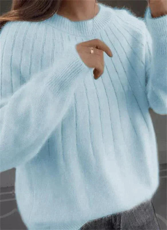 Damenpullover aus hellblauer Wolle, geripptes Design, langärmlig, modisch und warm.