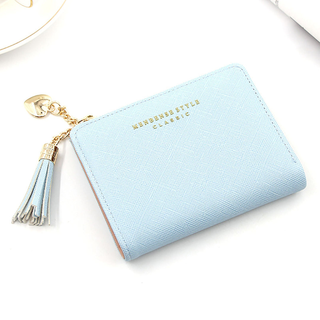 Blaue Damen-Geldbörse mit Quaste, Leder, Reißverschluss, stilvoll, kompakt, elegant.
