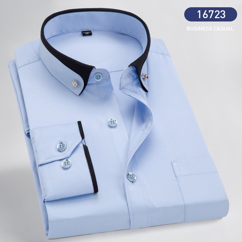 Hellblaues Business-Hemd mit schwarzem Kragen, Knopfleiste, langärmelig, Herrenmode.