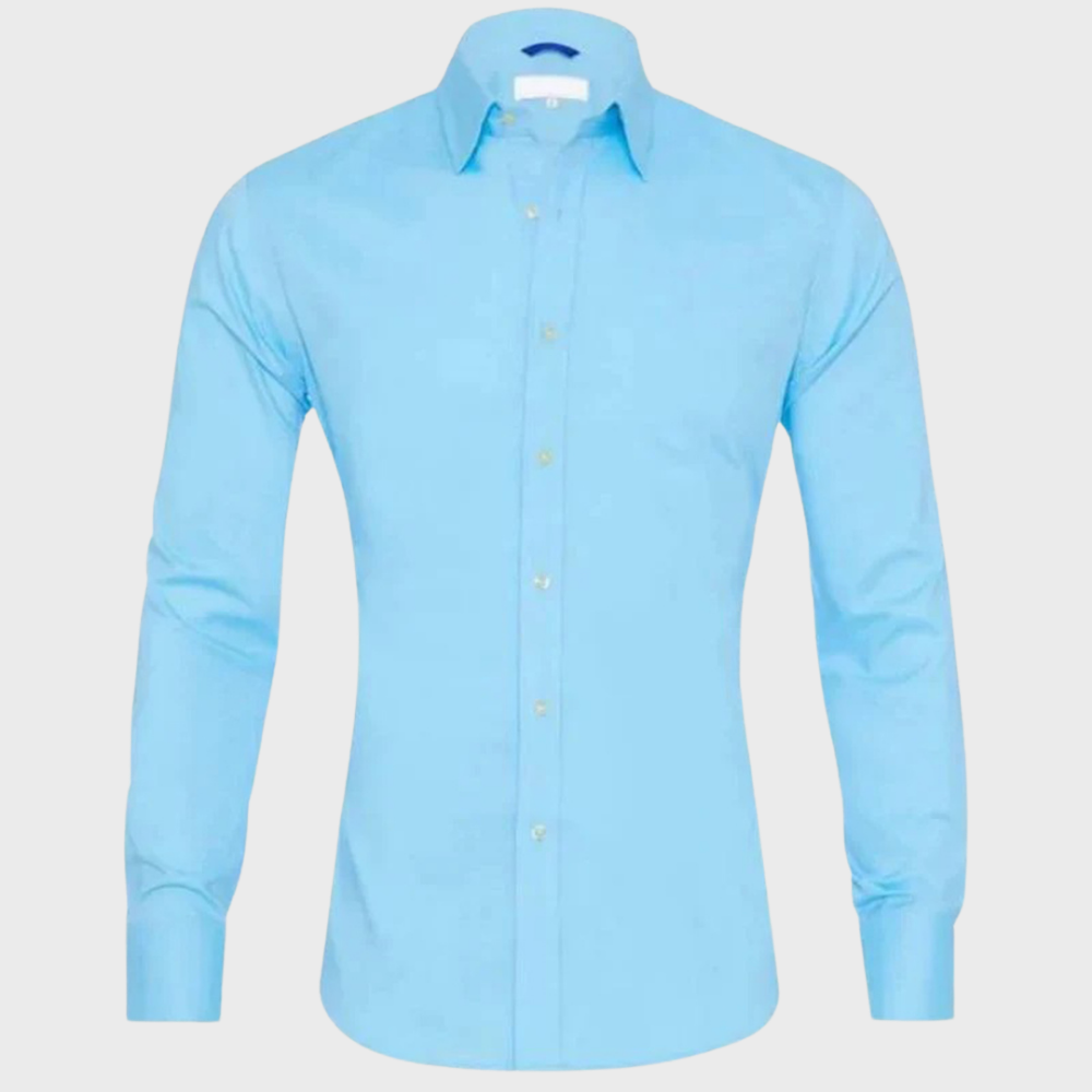 Hellblaues Herrenhemd, langärmelig, Baumwolle, klassischer Kragen, Businessmode.