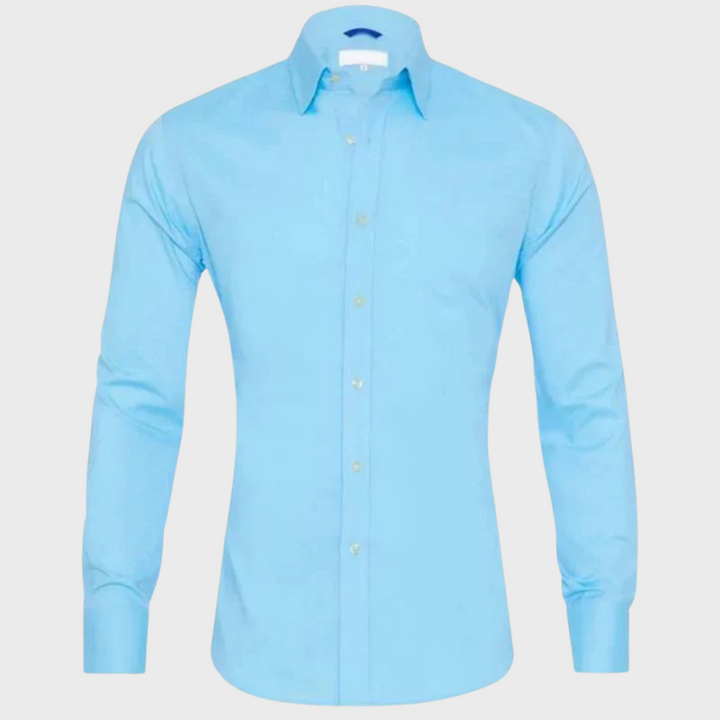 Hellblaues Herrenhemd, langärmelig, Baumwolle, klassischer Kragen, Businessmode.