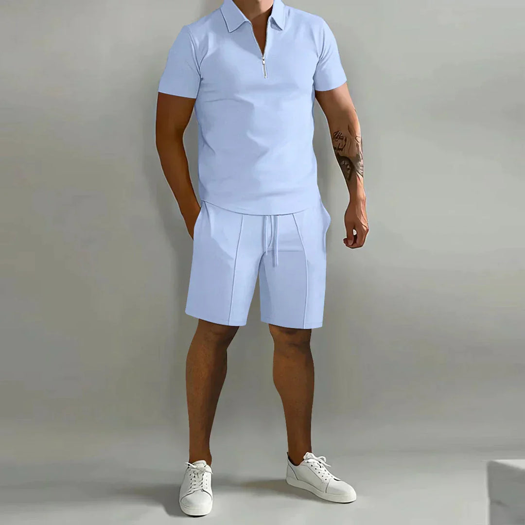 Herren Sommer-Trainingsanzug, hellblau, Poloshirt und Shorts, sportlich, kurzärmelig.