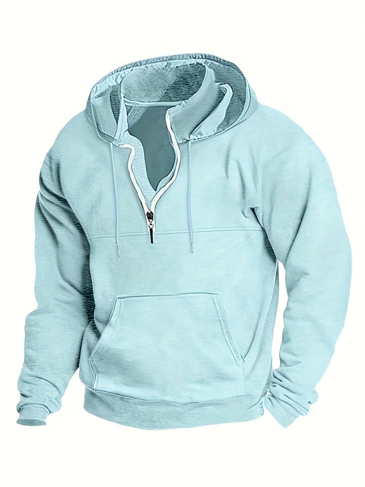 Hellblauer Kapuzenpullover mit Reißverschluss, Kängurutasche, Unisex, Baumwolle, Freizeitmode.