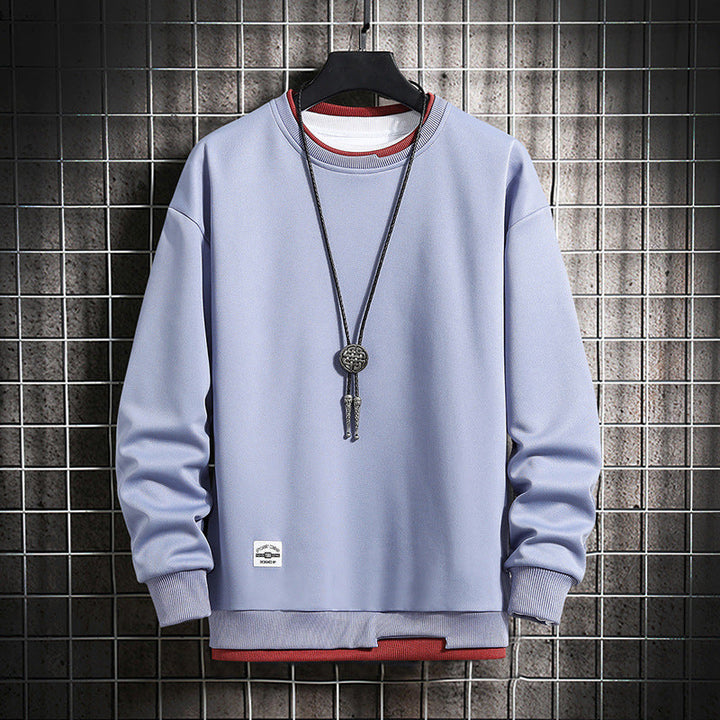 Graues Sweatshirt mit Rundhalsausschnitt, Kordelkette, Herrenmode, lässiger Stil, Baumwolle.