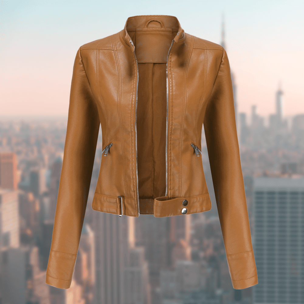 Hellbraune Damenlederjacke mit Reißverschluss, stilvoll und modern, ideal für Herbstmode.