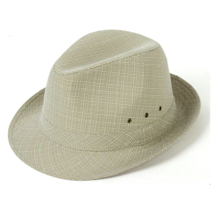 Beiger Fedora-Hut aus Leinen, atmungsaktiv, stilvoll, ideal für Sommermode und Outdoor-Aktivitäten.