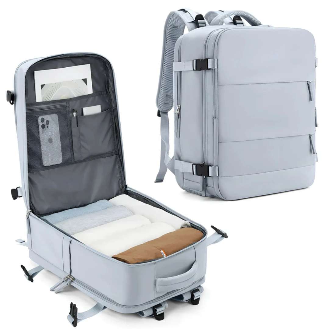Hellgrauer Reiserucksack, erweiterbar, mit Laptopfach und organisiertem Innenraum.