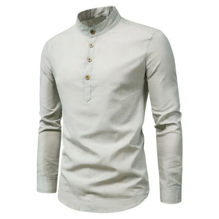 Herrenhemd beige Leinen Stehkragen Langarm Knopfleiste elegant casual Mode.