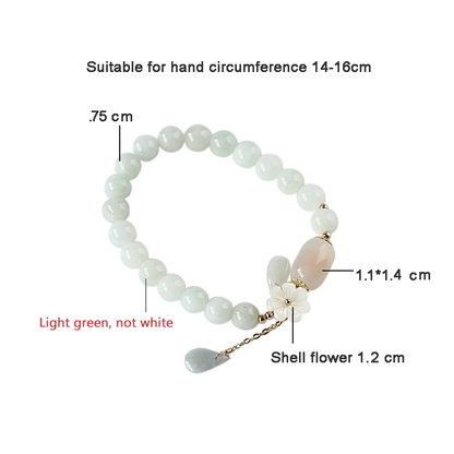 Jade-Armband mit Muschelblume, hellgrün, für Handgelenkumfang 14-16 cm, Schmuck Damen.