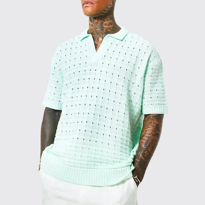 Herren Strickpullover, mintgrün, Kurzarm, V-Ausschnitt, Sommermode, atmungsaktiv, modern.
