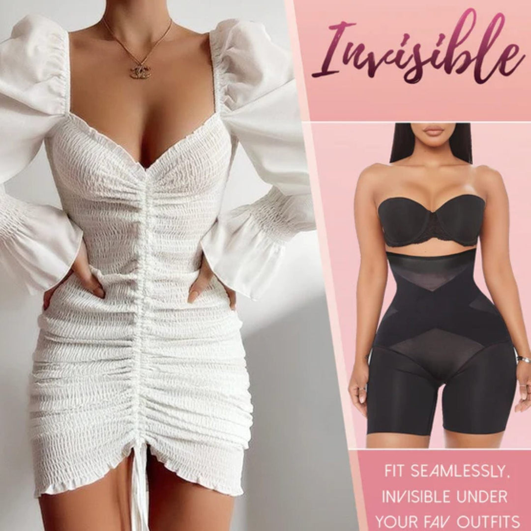 Frau in weißem Kleid, trägt schwarze Shapewear, nahtlos, figurformend, unsichtbar unter Kleidung.