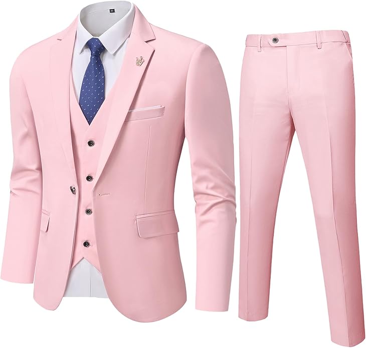 Rosa Herrenanzug mit Weste und Krawatte, elegantes Design, ideal für formelle Anlässe.