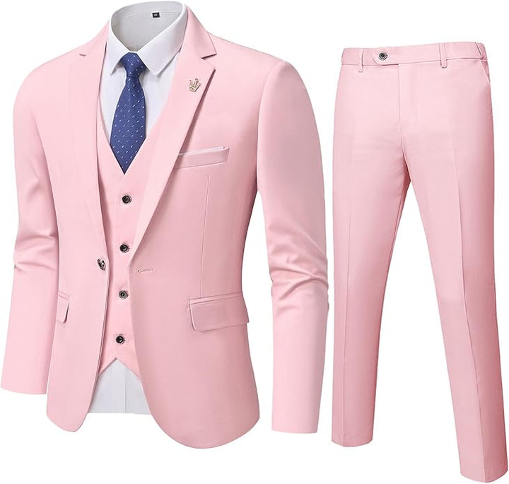 Rosa Herrenanzug mit Weste und Krawatte, elegantes Design, ideal für formelle Anlässe.