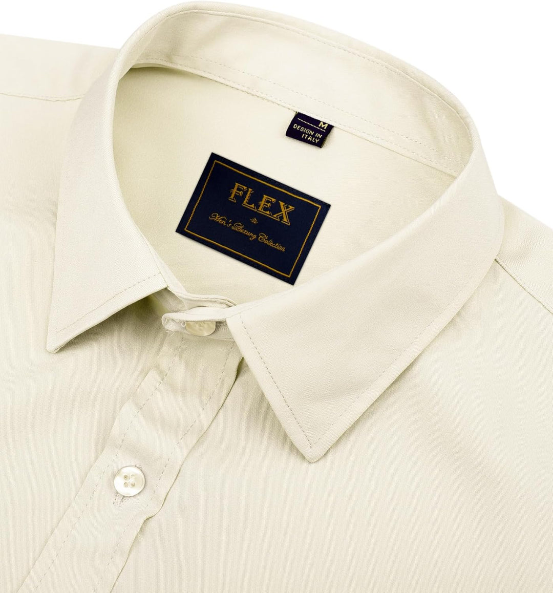 Beige Herrenhemd, Flex, Baumwolle, Knopfleiste, klassischer Kragen, elegante Herrenmode.