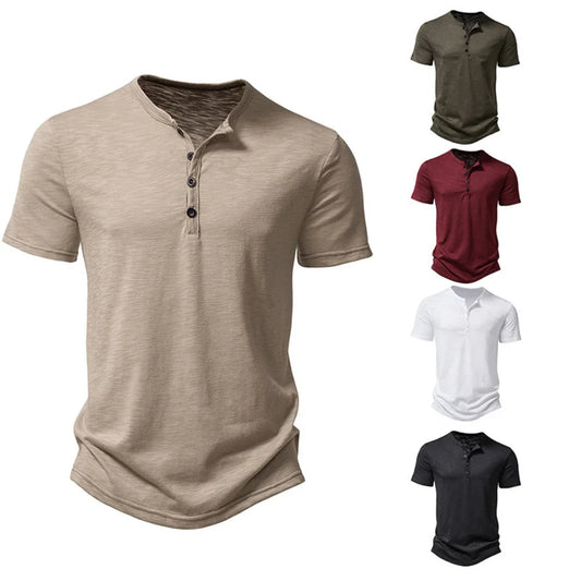 Kurzarm-Henley-Shirt für Herren in Beige, Rot, Weiß, Schwarz, Grün, Baumwolle, Knopfleiste.