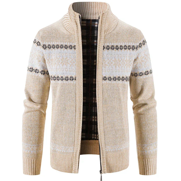 Beige Herren Strickjacke mit Reißverschluss, Wintermode, warm gefüttert, skandinavisches Muster.