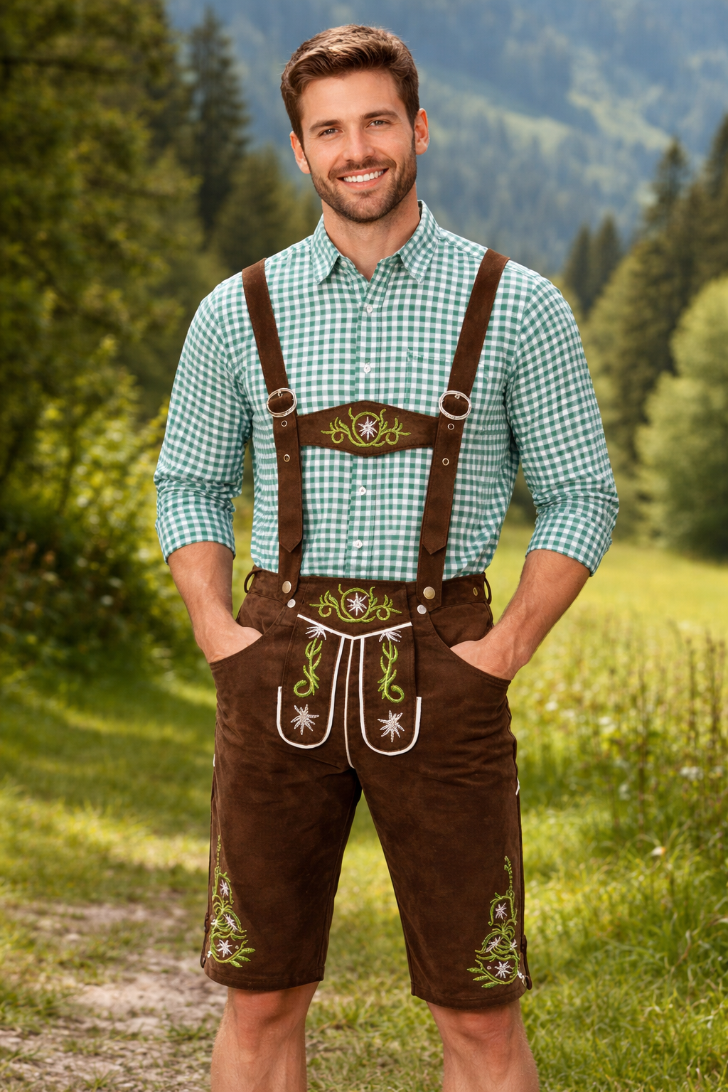 Stejný muž v hnědých lederhosen s výšivkou a v kostkované košili stojí venku na louce před zalesněným svahem. 2