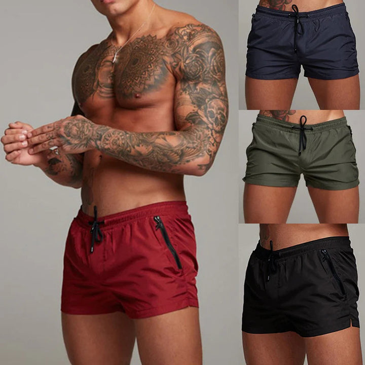 Herren-Badeshorts, rot, schwarz, grün, mit Kordelzug, sportlich, schnell trocknend.
