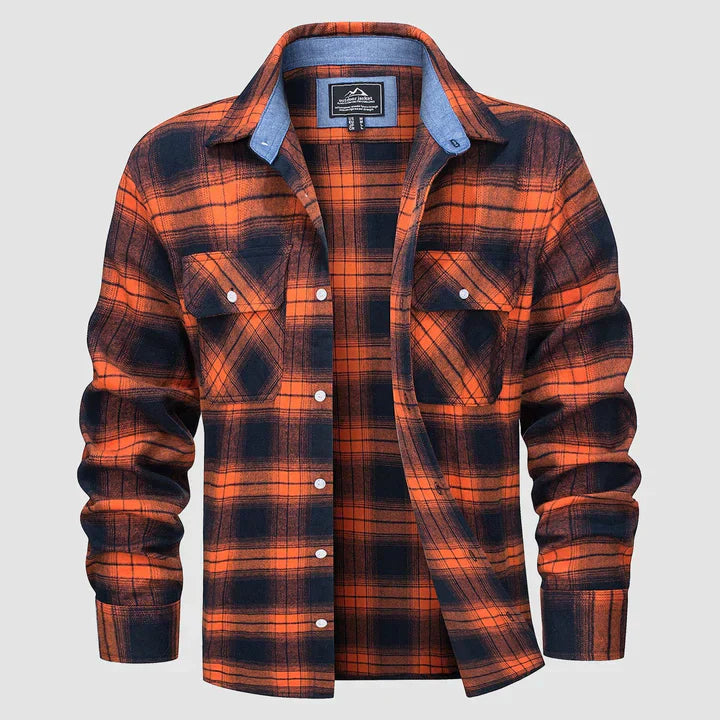 Herren Flanellhemd, langärmelig, kariert, orange-schwarz, Baumwolle, Freizeit, zwei Taschen.