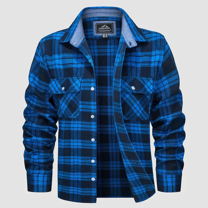 Blau-schwarz kariertes Herrenflanellhemd, langärmelig, Baumwolle, Freizeit, zwei Brusttaschen.