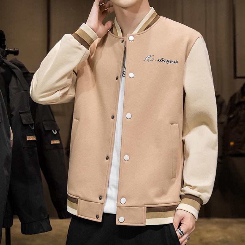 Beige Herren-Collegejacke, zweifarbig, mit Knopfleiste, lässiger Stil, modische Oberbekleidung.