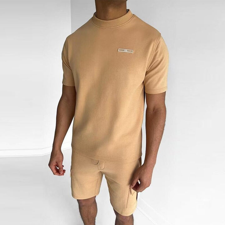 Beiges Herren-T-Shirt und Shorts Set, Casual Sport, Multi-Taschen, Mode, Streetwear.