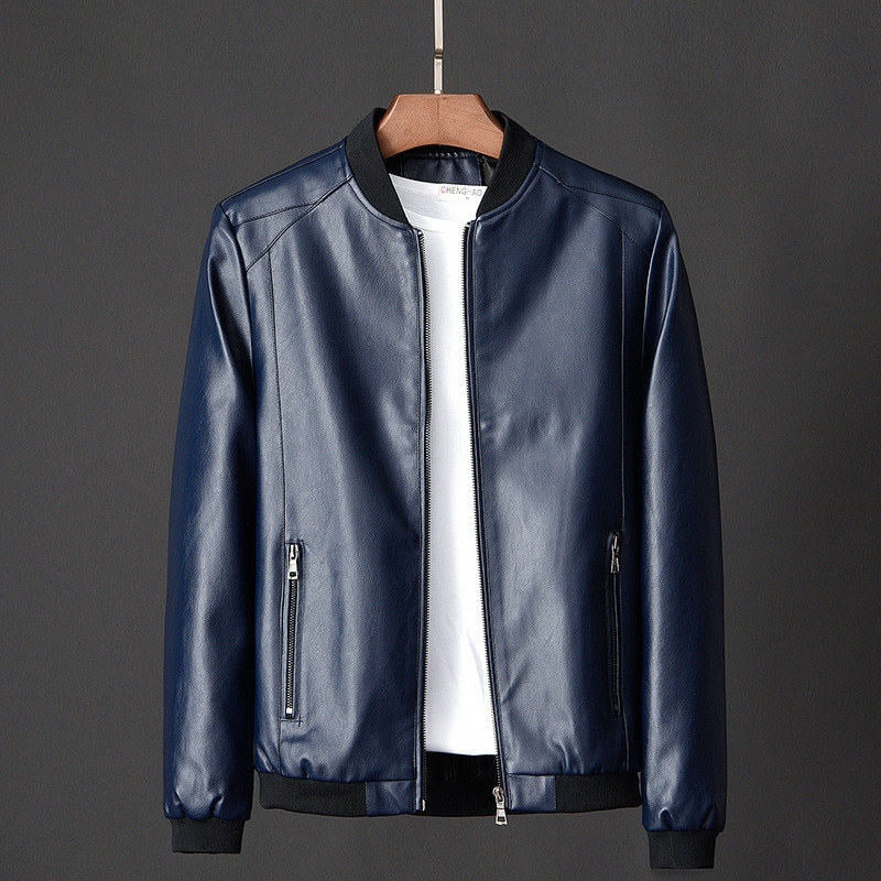 Dunkelblaue Lederjacke für Herren, Reißverschluss, modisch, elegant, Freizeitkleidung.