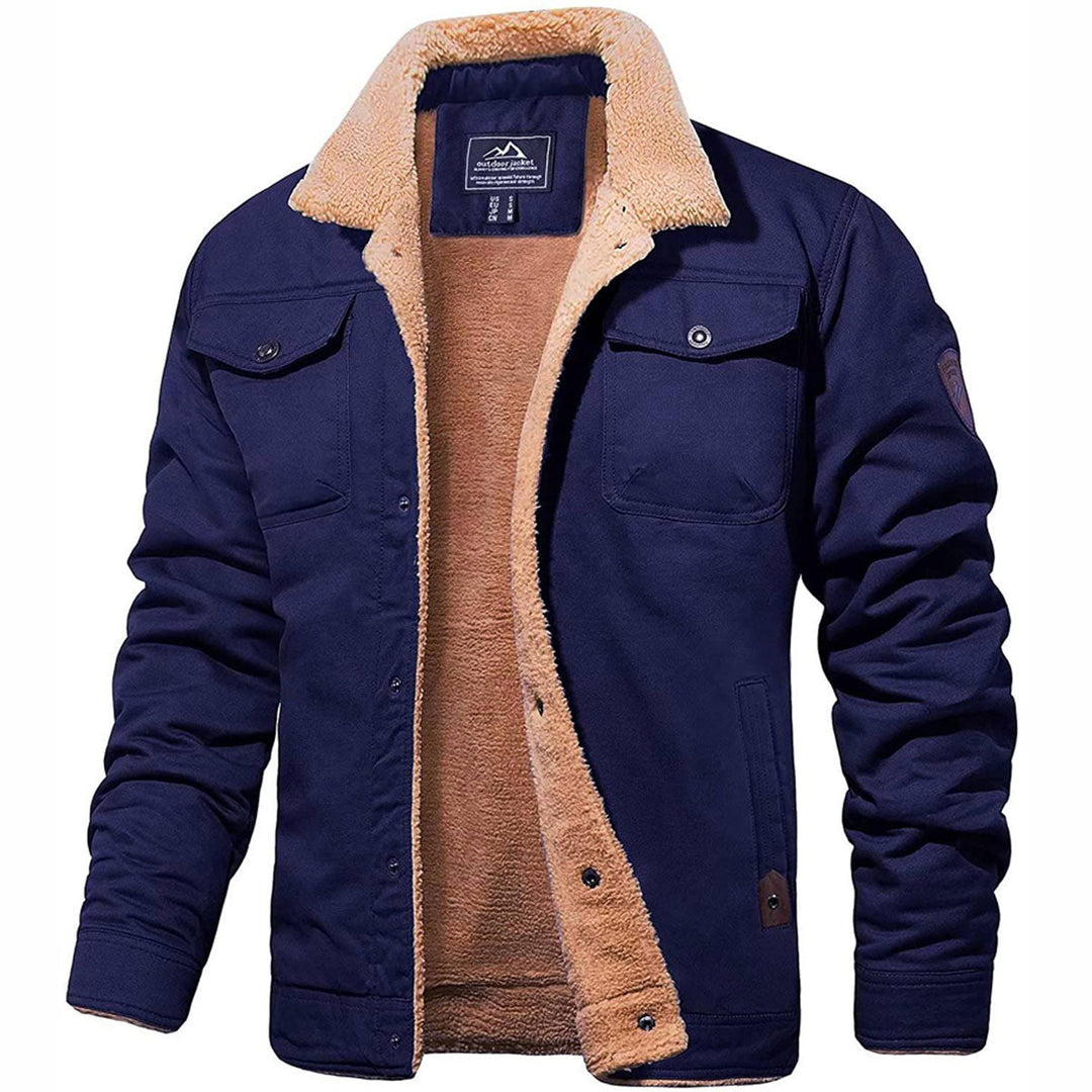 Dunkelblaue Herren-Bomberjacke mit Teddyfutter, warm, modisch, ideal für Winter.