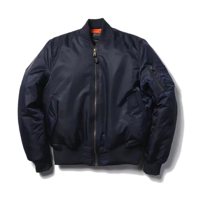 Schwarze MA-1 Bomberjacke aus Nylon, Herren, Winter, Outdoor, Militärstil, Reißverschluss.