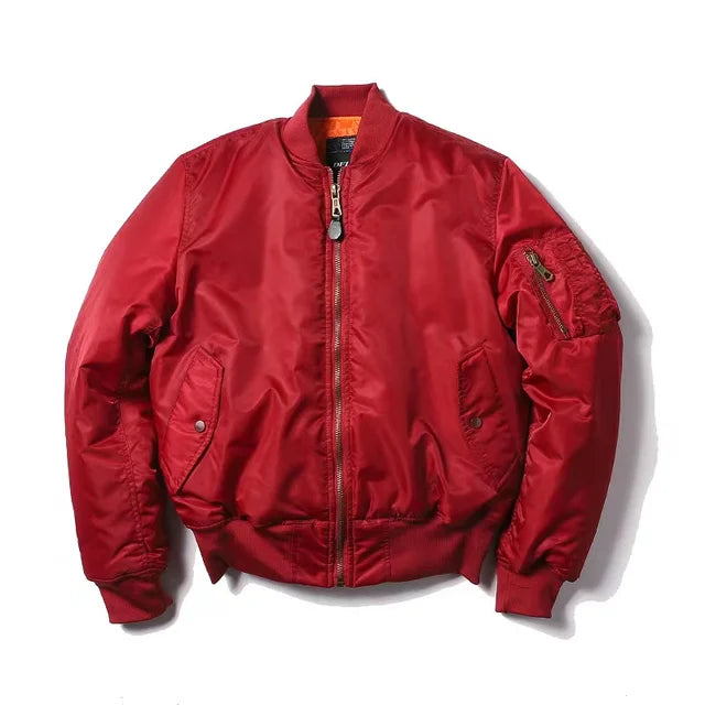 Rote Bomberjacke aus Nylon, Herren, Winter, Outdoor, amerikanischer Militärstil, Reißverschluss.