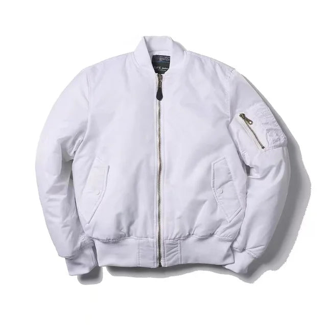 Weiße Bomberjacke aus Nylon, Herren, Winter, Outdoor, amerikanischer Militärstil, Reißverschluss.