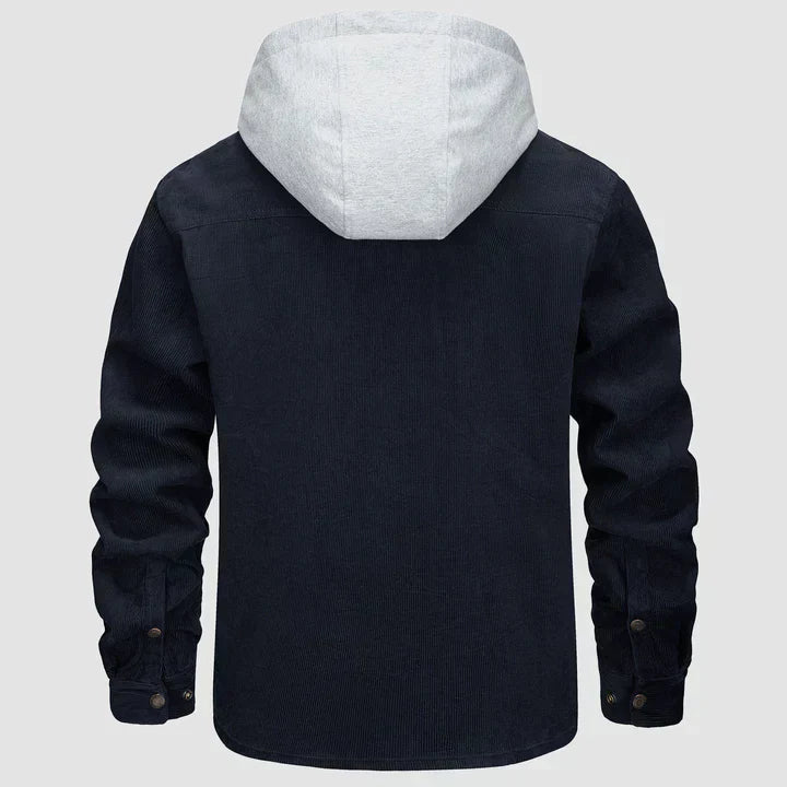 Herren Cordjacke mit Kapuze, schwarz, warm, 5 Taschen, Wintermantel, Freizeit, Knopfleiste.