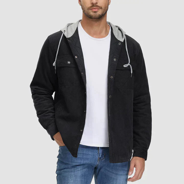Schwarze Cordjacke mit Kapuze, Herren, Knopfleiste, warm, Winter, 5 Taschen, lässig.