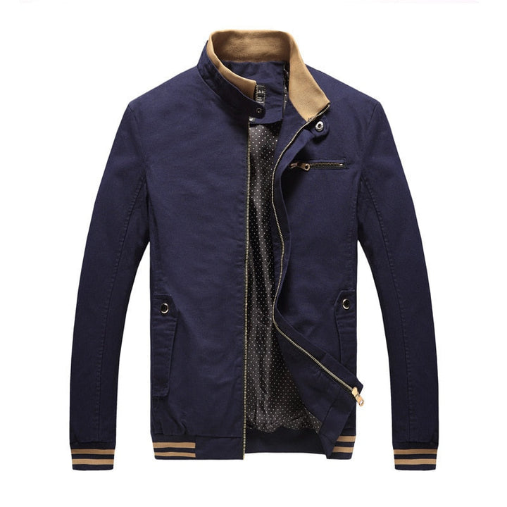 Dunkelblaue Herrenjacke mit Reißverschluss, Stehkragen, Baumwolle, modisch, Herbstbekleidung.