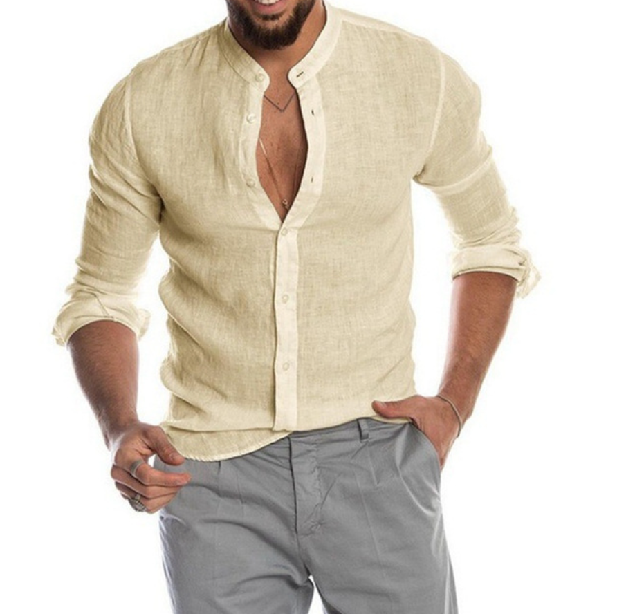 Herren Leinenhemd beige, langärmelig, Stehkragen, Freizeitmode, Sommerbekleidung.