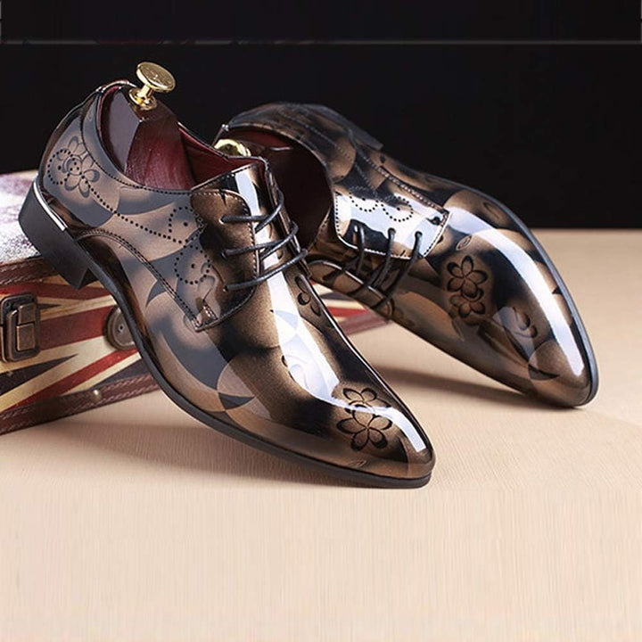 Herren-Luxus-Lederschuhe, braun, mit Blumenmuster, formell, glänzend, Schnürschuhe.