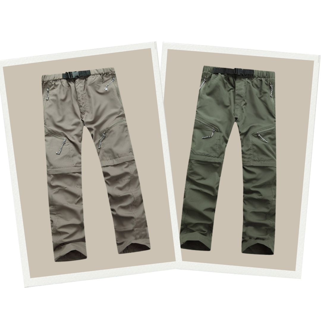 Zwei Outdoor-Hosen, beige und grün, mit Reißverschlusstaschen, ideal für Wandern und Trekking.