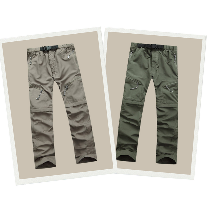 Zwei Outdoor-Hosen, beige und grün, mit Reißverschlusstaschen, ideal für Wandern und Trekking.