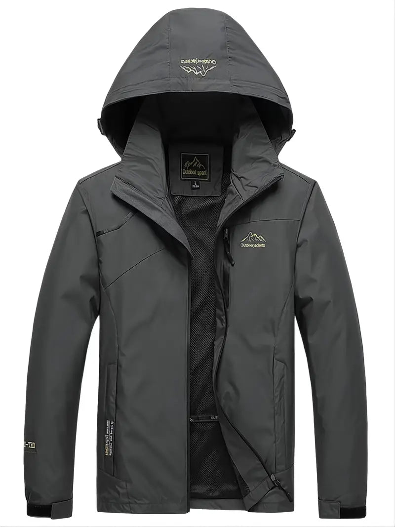 Dunkelgraue Outdoorjacke mit Kapuze, wasserdicht, atmungsaktiv, für Herren, Wanderjacke.